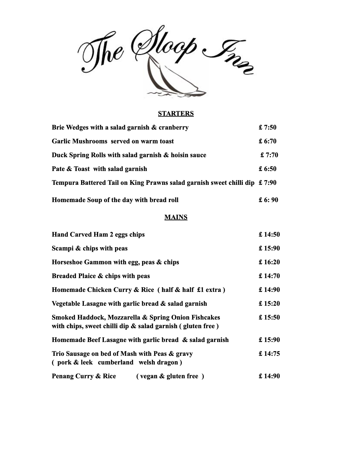 Restuarant menu page 1